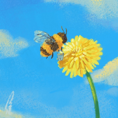 An illustration of a bee holding a bucket next to a dandelion.