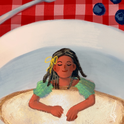 An illustration of a thumb-sized girl sleeping under a piece of bread at a picnic.