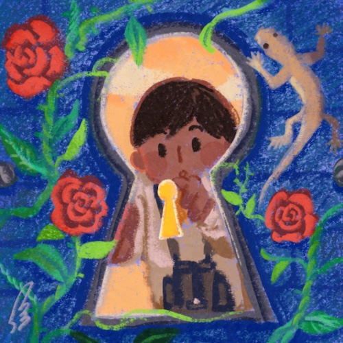 An illustration of a boy opening the wall to a secret garden.