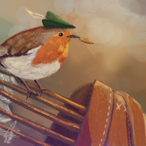 An punny illustration of a robin (the bird) dressed up as Robin Hood.