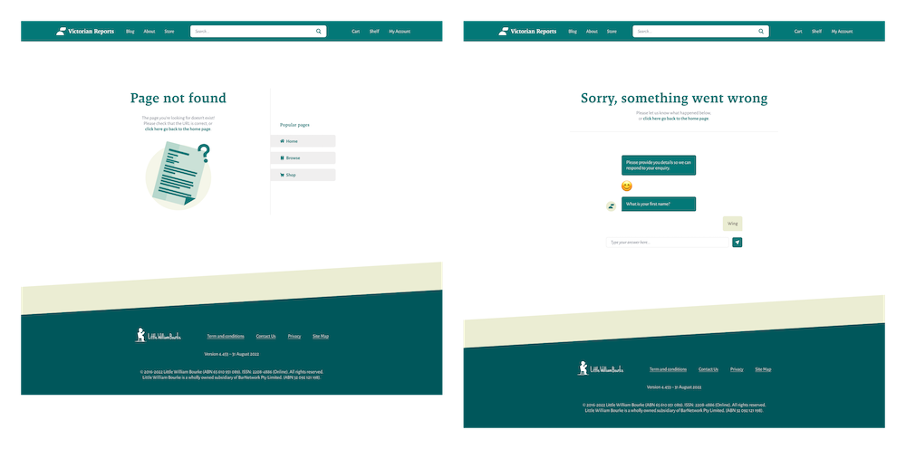 Screenshot of redesigned error pages, with a Typeform styled to be like a chatbot
